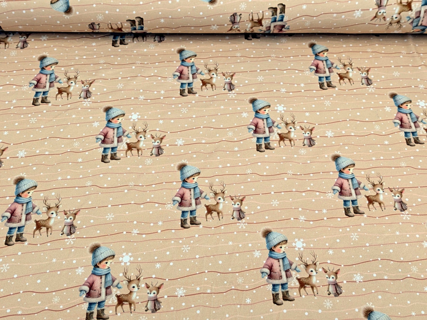 Eigenproduktion Baumwolljersey Winter Kind mit Rehkitzen auf Braunbeige