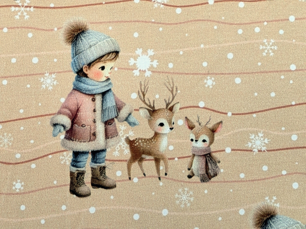 Eigenproduktion Baumwolljersey Winter Kind mit Rehkitzen auf Braunbeige