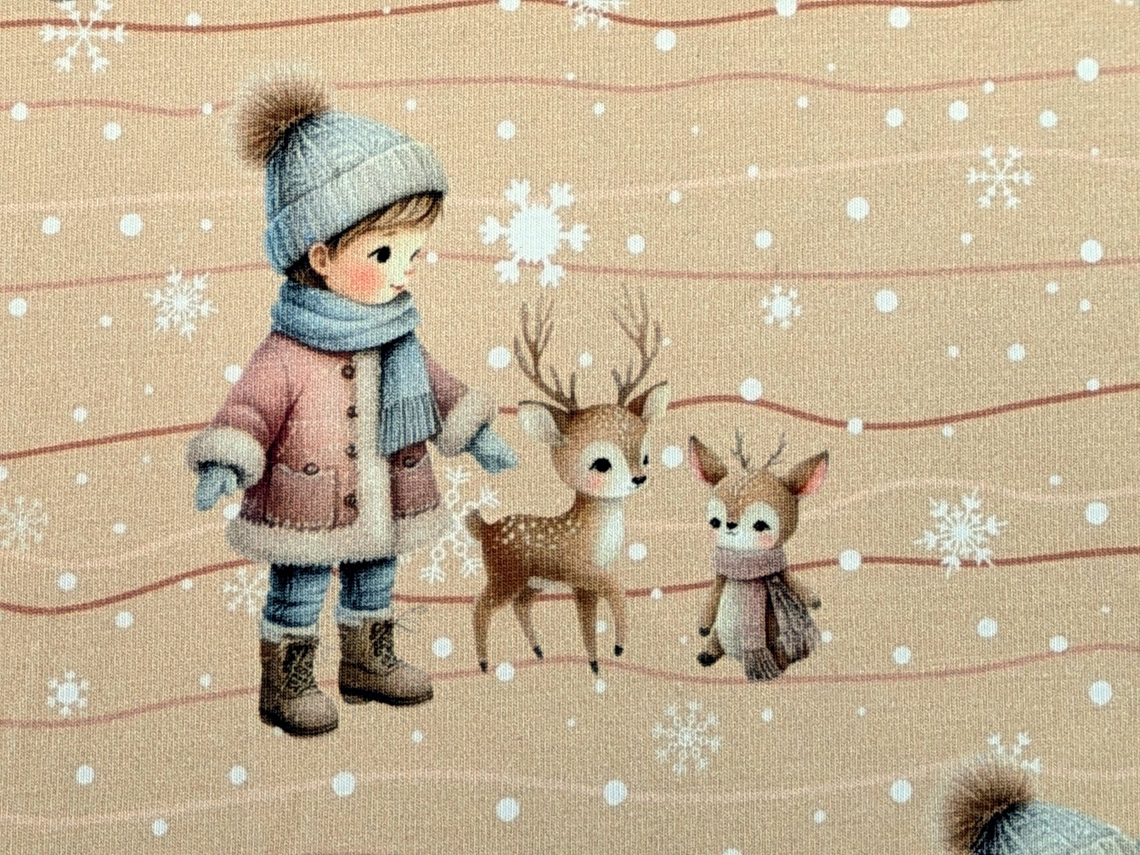 Eigenproduktion Baumwolljersey Winter Kind mit Rehkitzen auf Braunbeige