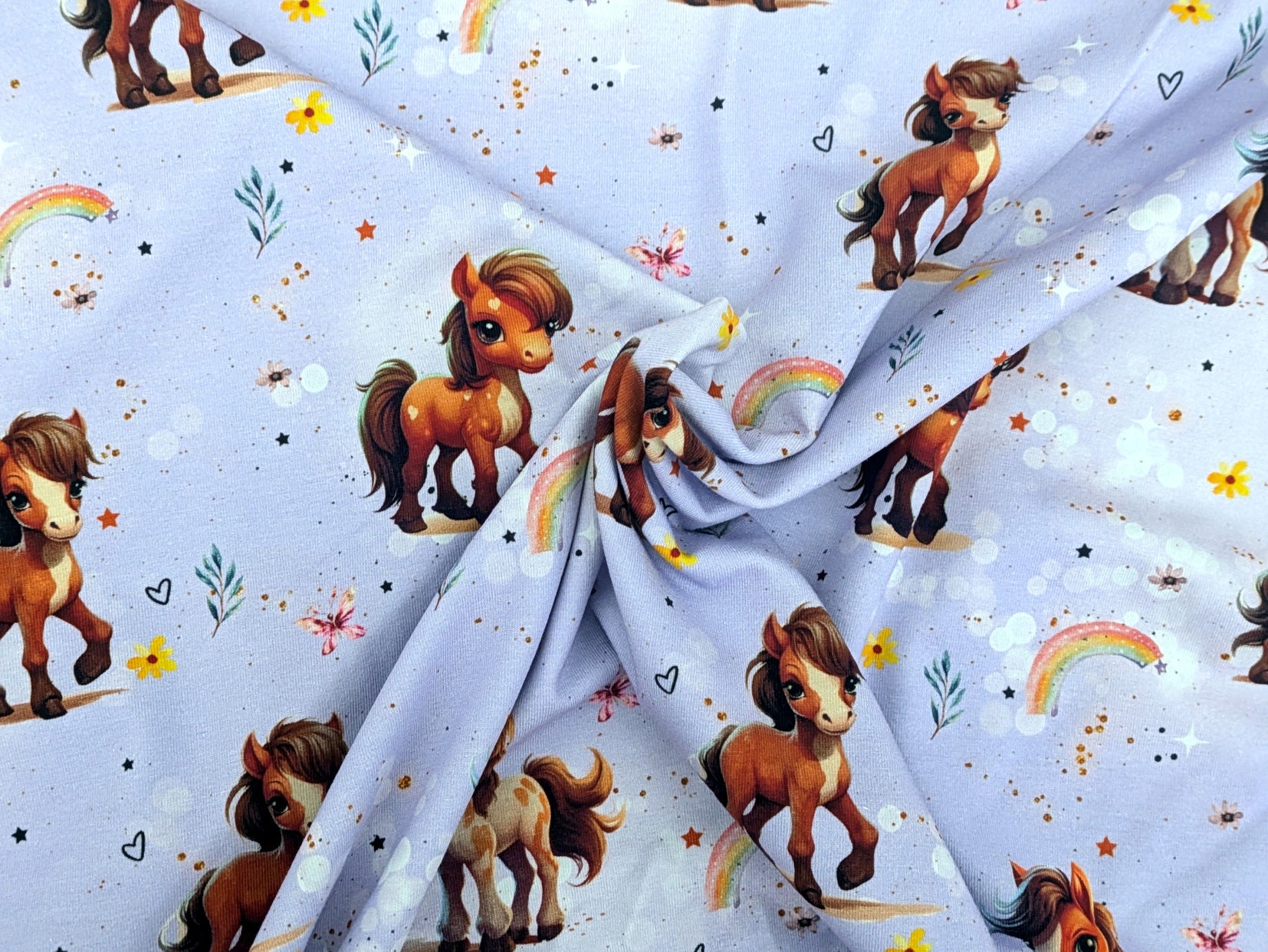 In-house production Cotton Jersey Rainbow Pony on Lilac