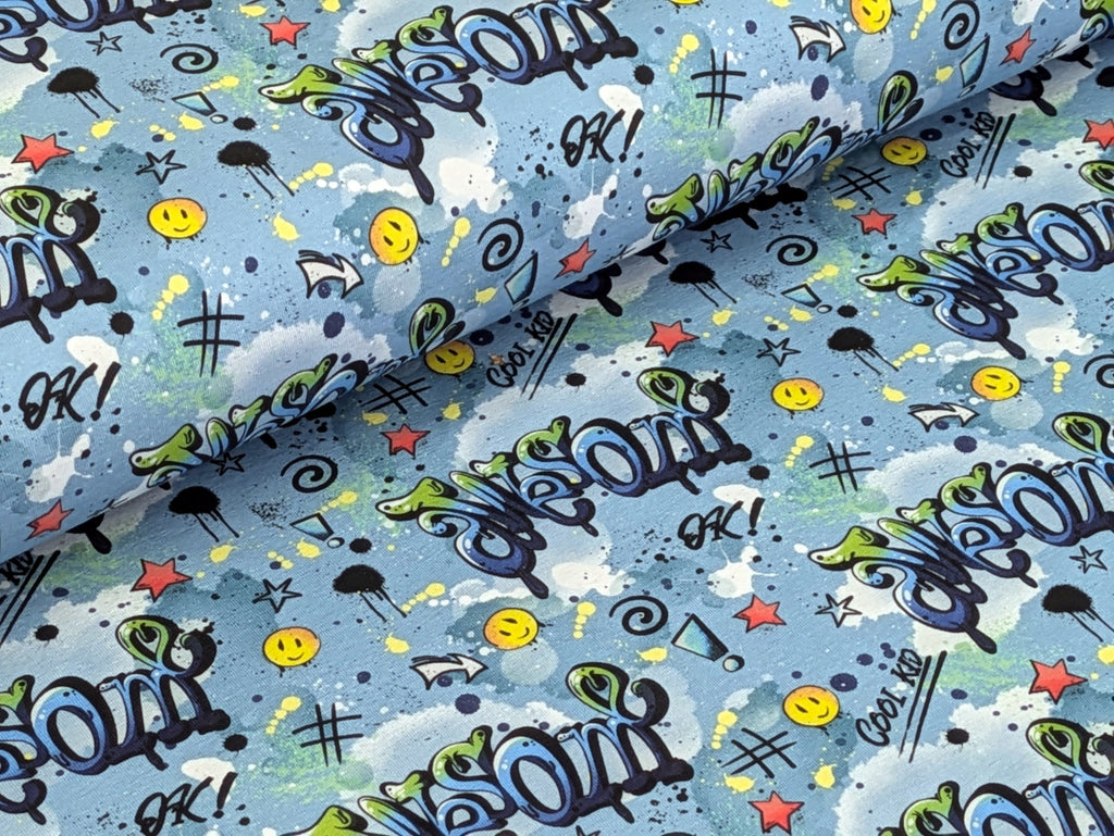 In-house Production Organic Cotton Jersey Awesome Cool Kid on Light Blue