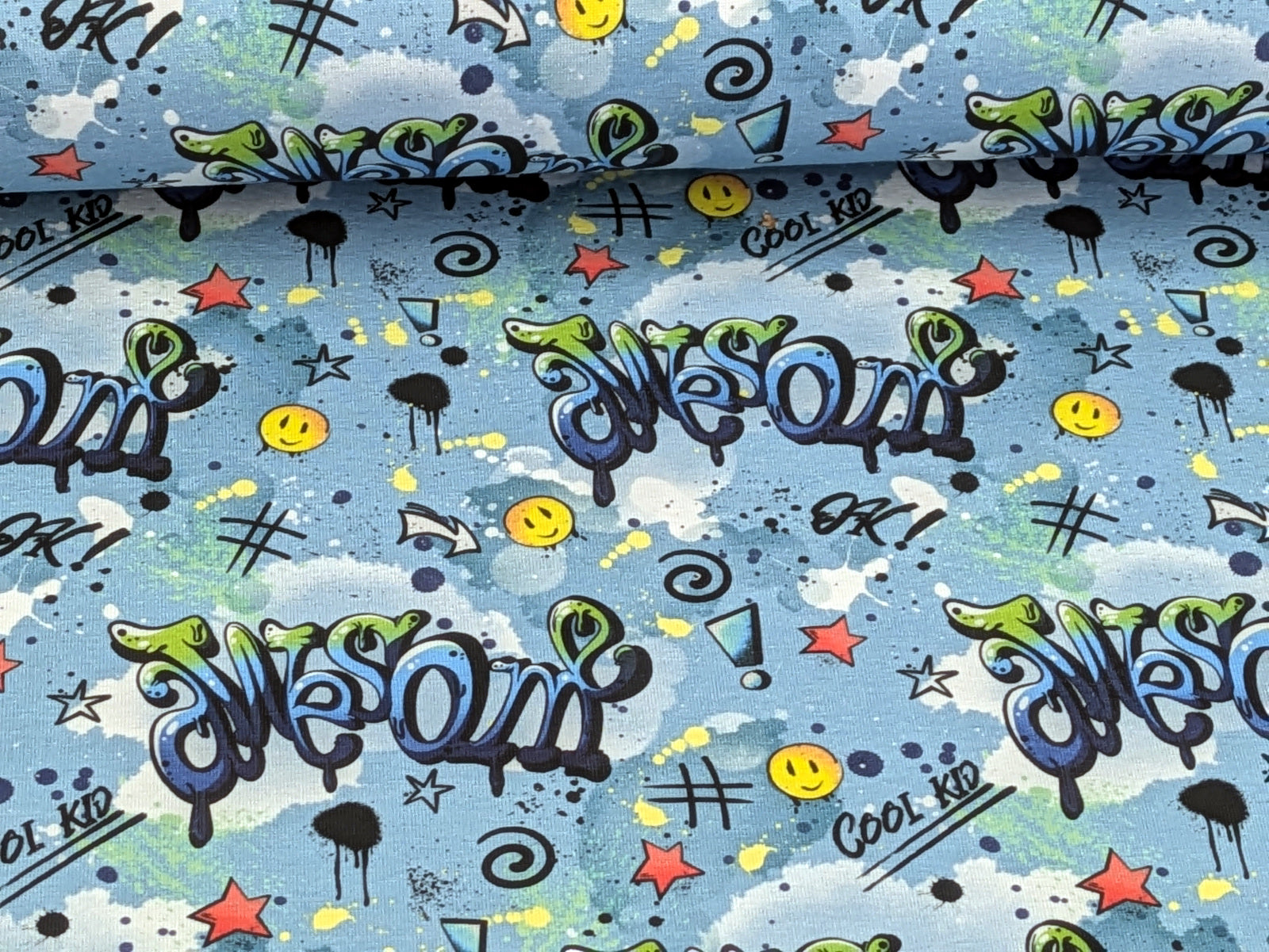 In-house Production Organic Cotton Jersey Awesome Cool Kid on Light Blue
