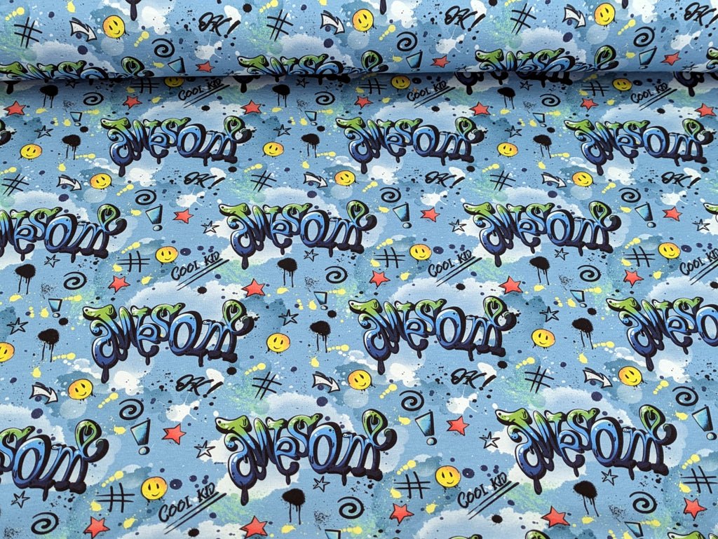 In-house Production Organic Cotton Jersey Awesome Cool Kid on Light Blue