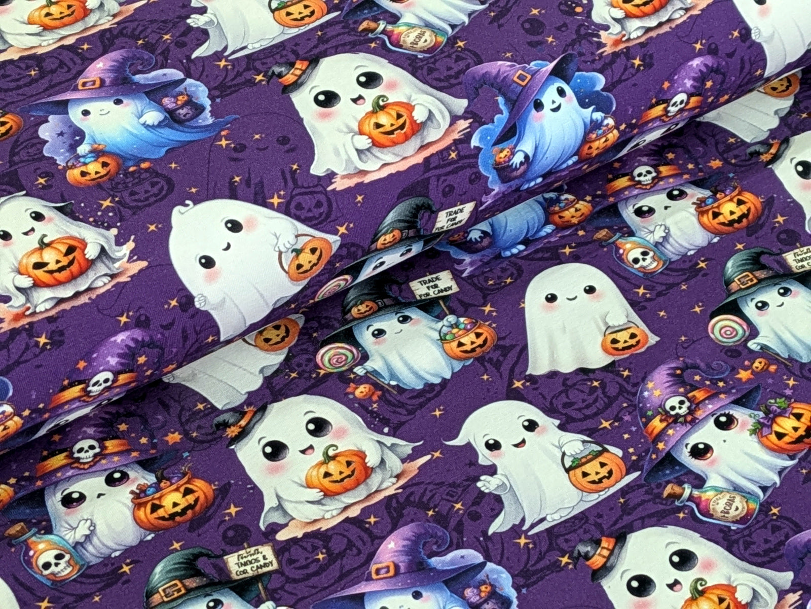 Eigenproduktion Baumwolljersey Gruselige Kleine Geister Halloween Lila -In Produktion -