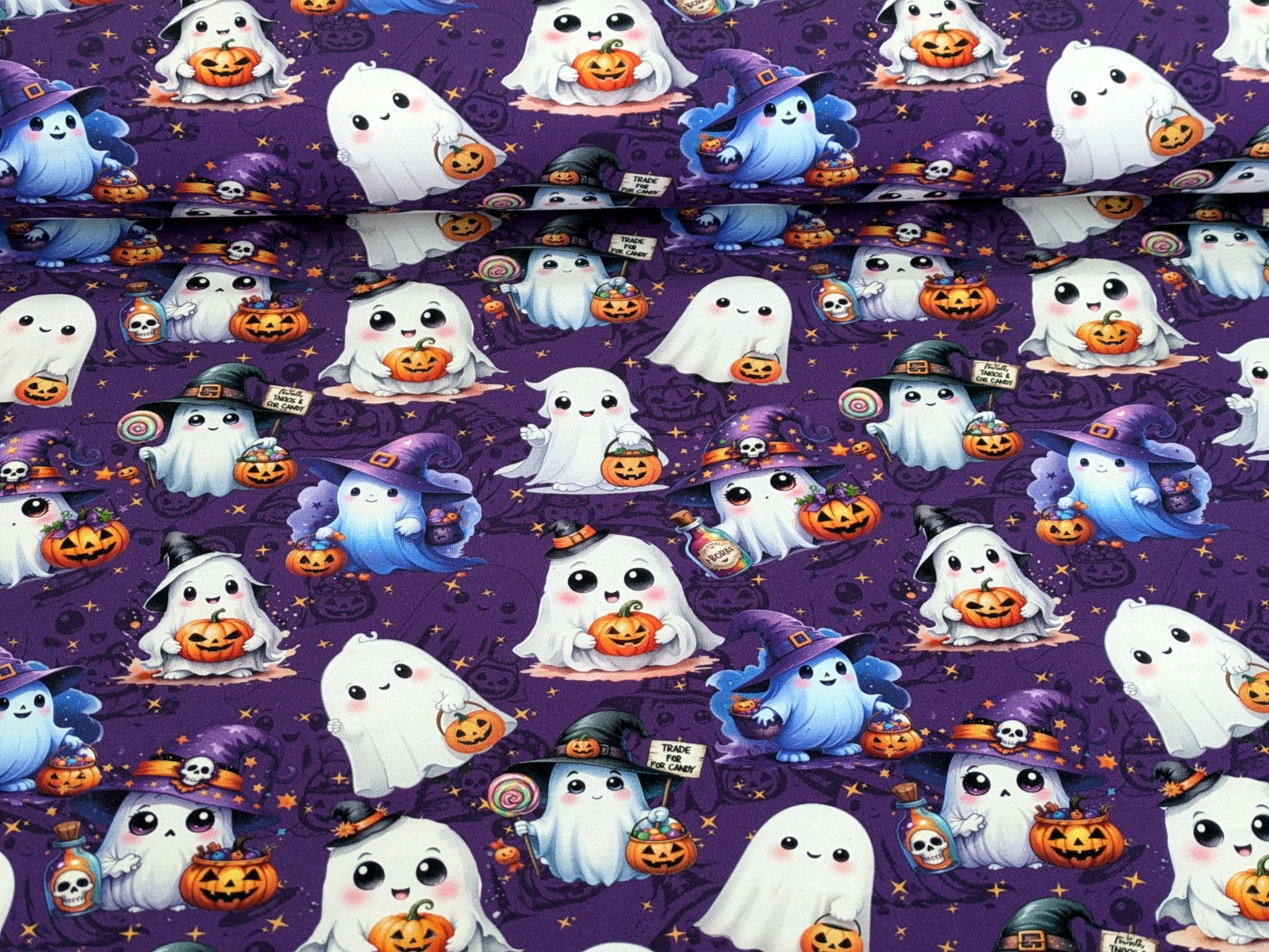 Eigenproduktion Baumwolljersey Gruselige Kleine Geister Halloween Lila -In Produktion -