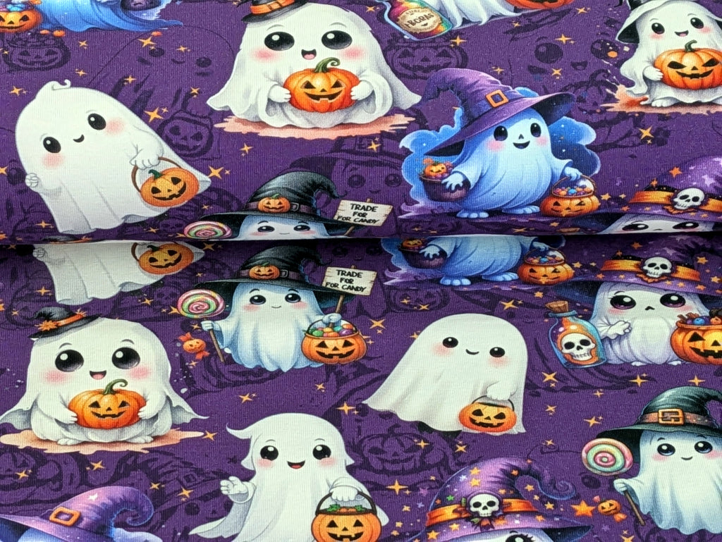 Eigenproduktion Baumwolljersey Gruselige Kleine Geister Halloween Lila -In Produktion -
