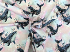 Reststück Eigenproduktion Baumwolljersey Blumen Wal auf Rosa Pastell 43 x 165 cm