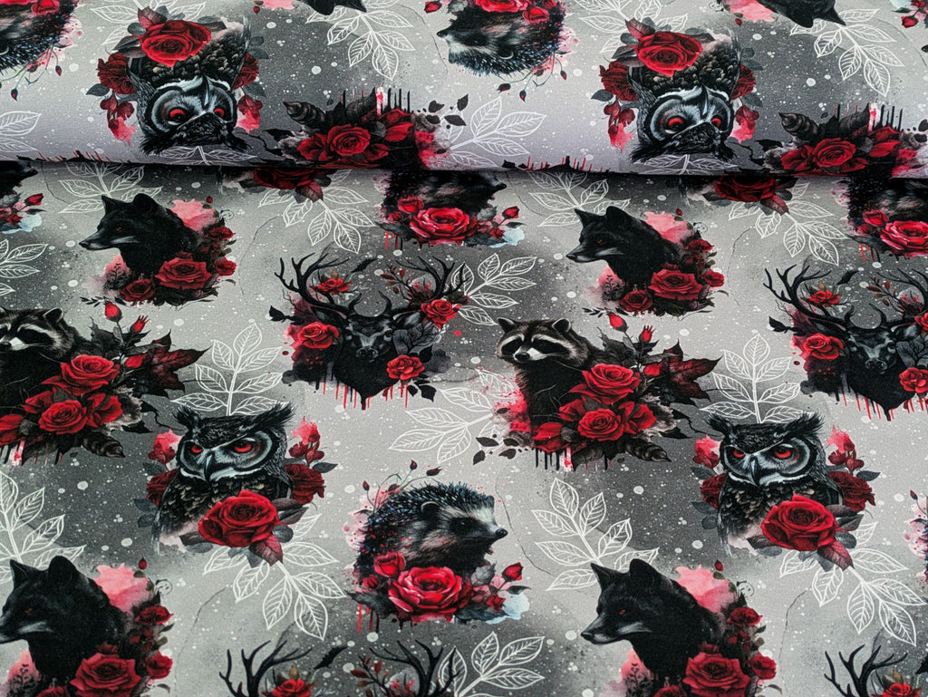Eigenproduktion Baumwolljersey Wildtiere mit Rosen auf Grau