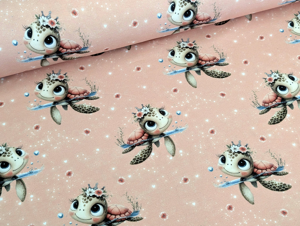 In-house production Cotton Jersey Turtles Girl on Apricot