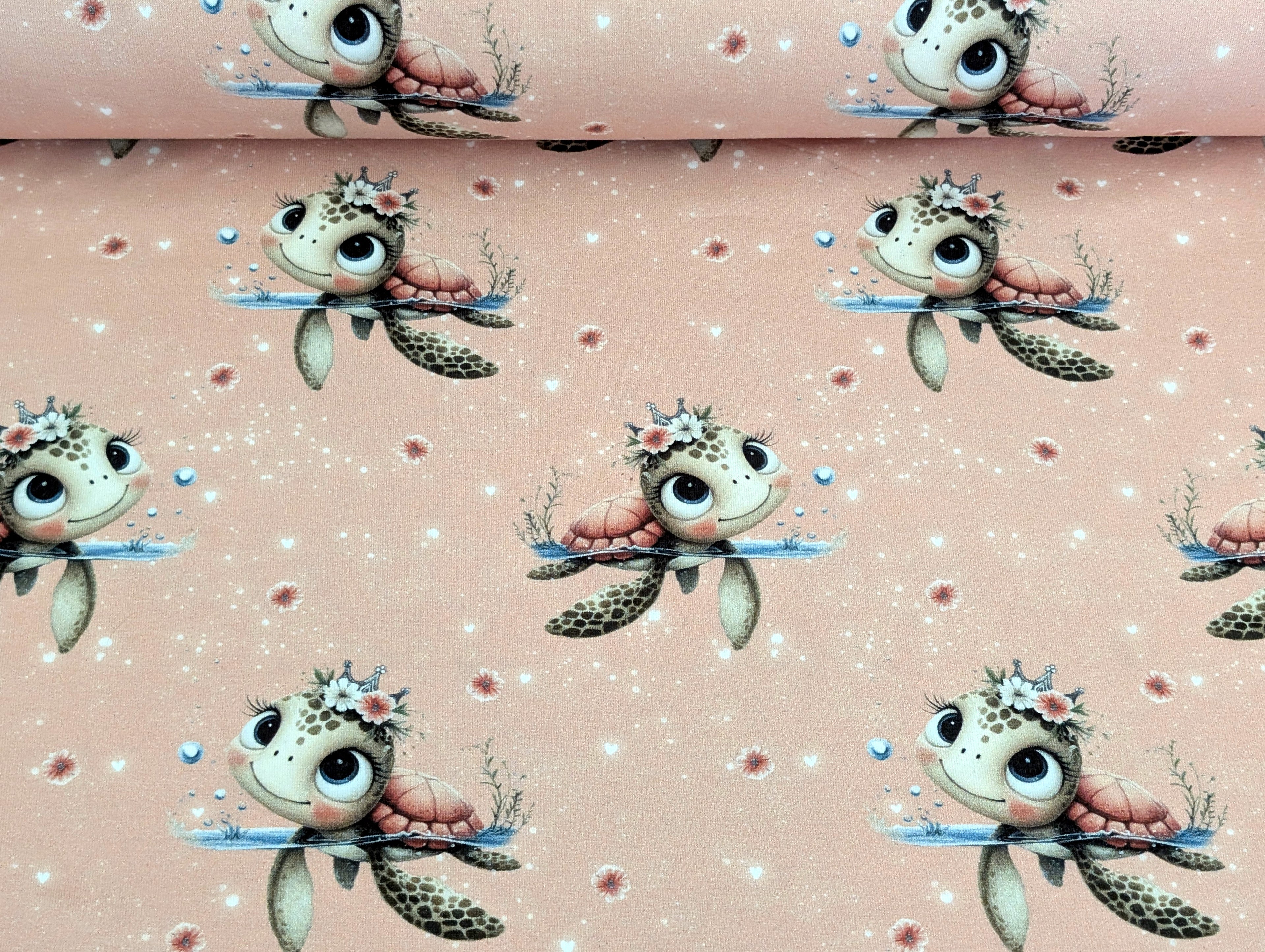 In-house production Cotton Jersey Turtles Girl on Apricot