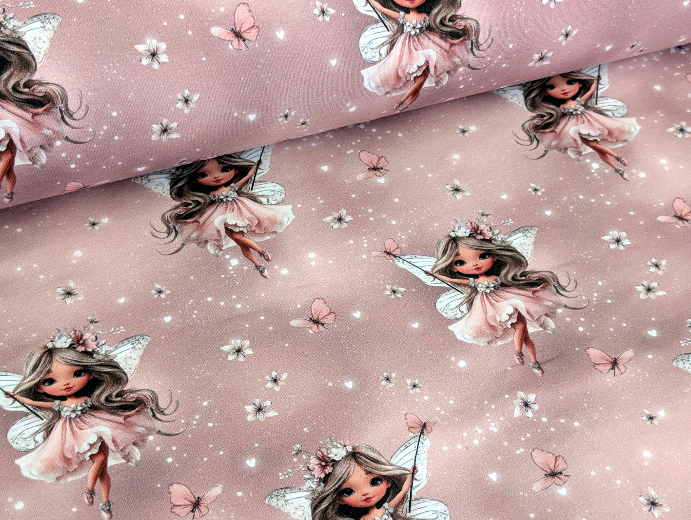 In-house production cotton jersey Butterfly Fairy on antique rose