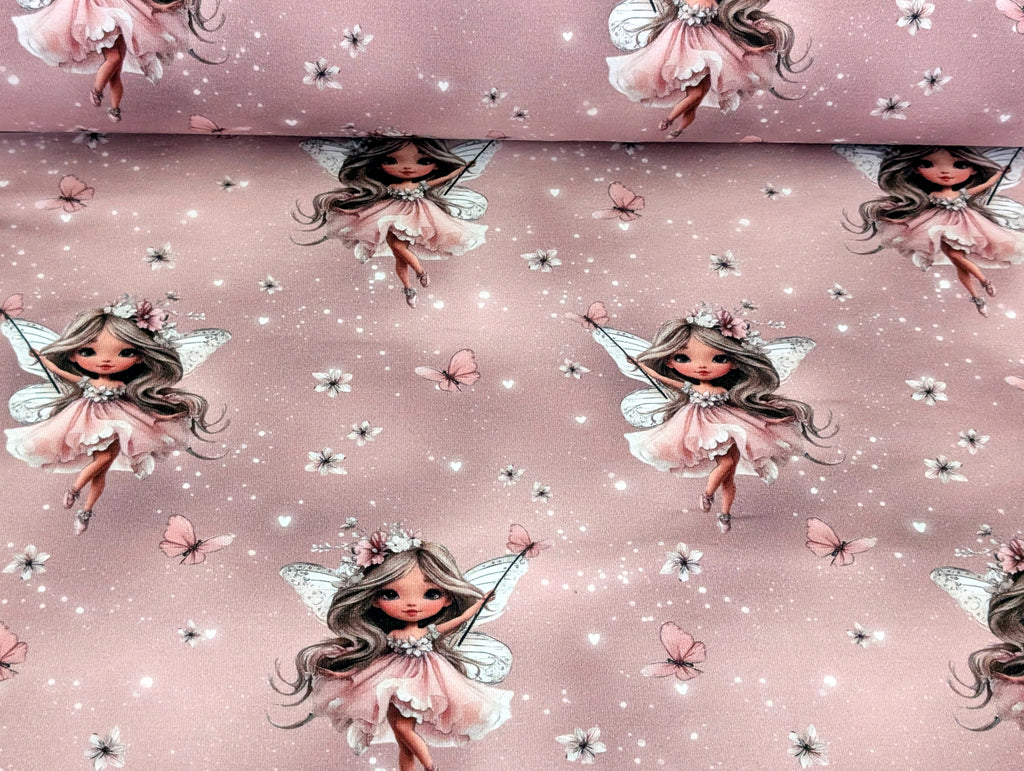 In-house production cotton jersey Butterfly Fairy on antique rose