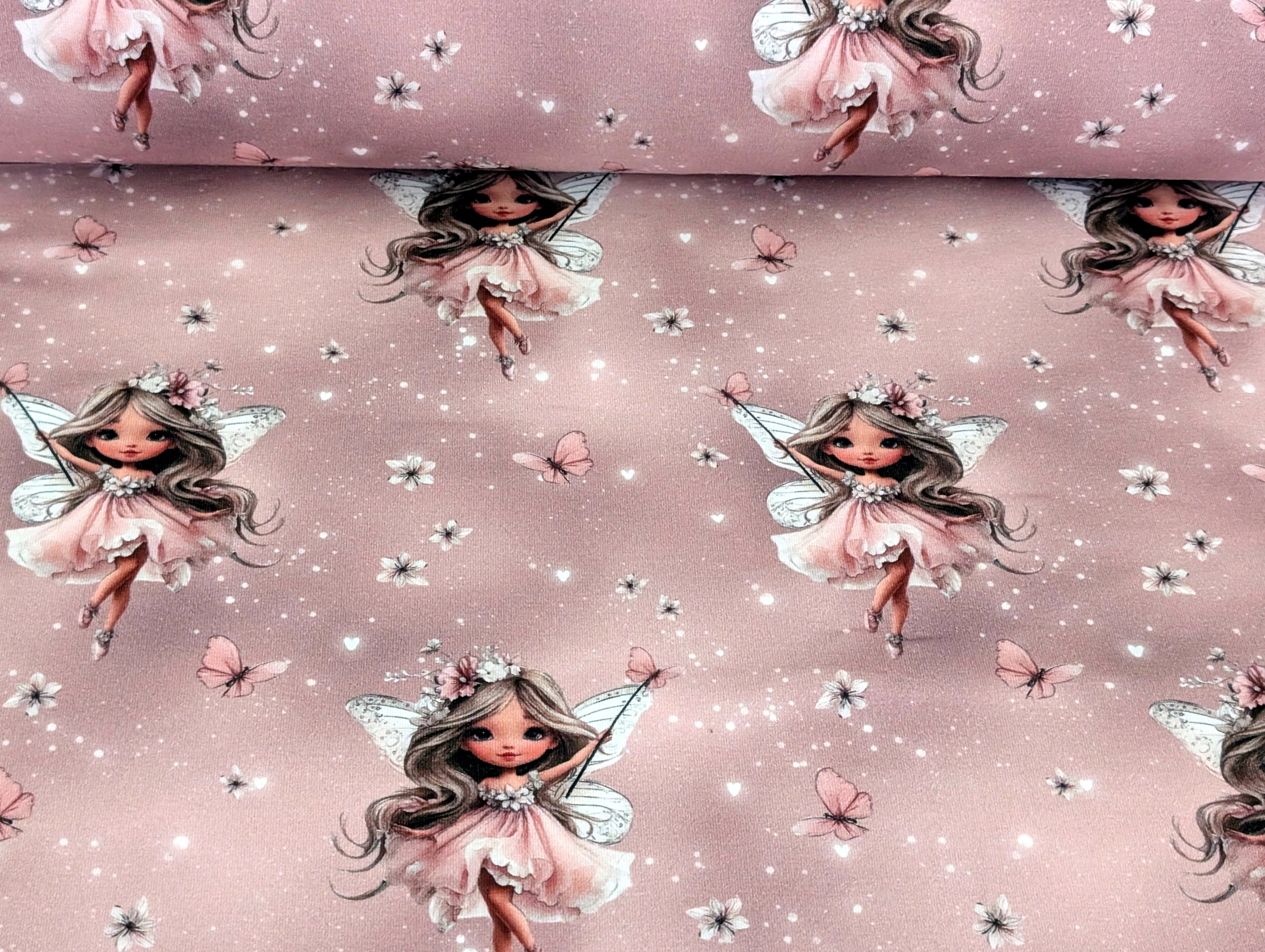 In-house production cotton jersey Butterfly Fairy on antique rose