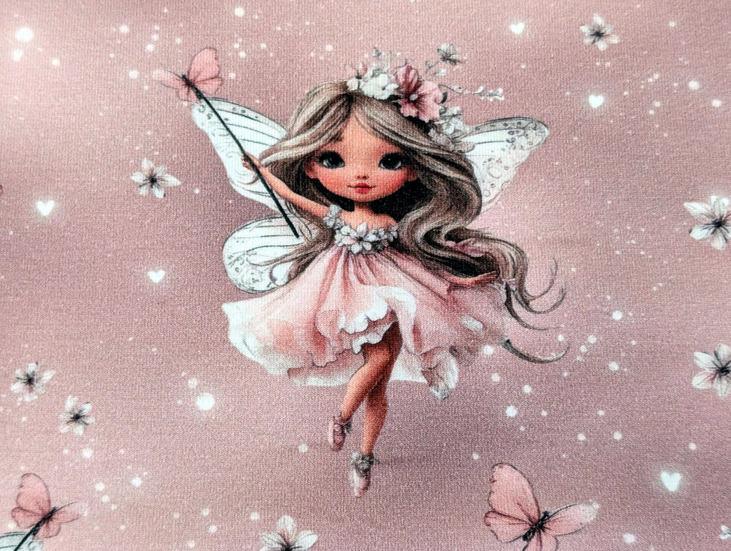 In-house production cotton jersey Butterfly Fairy on antique rose