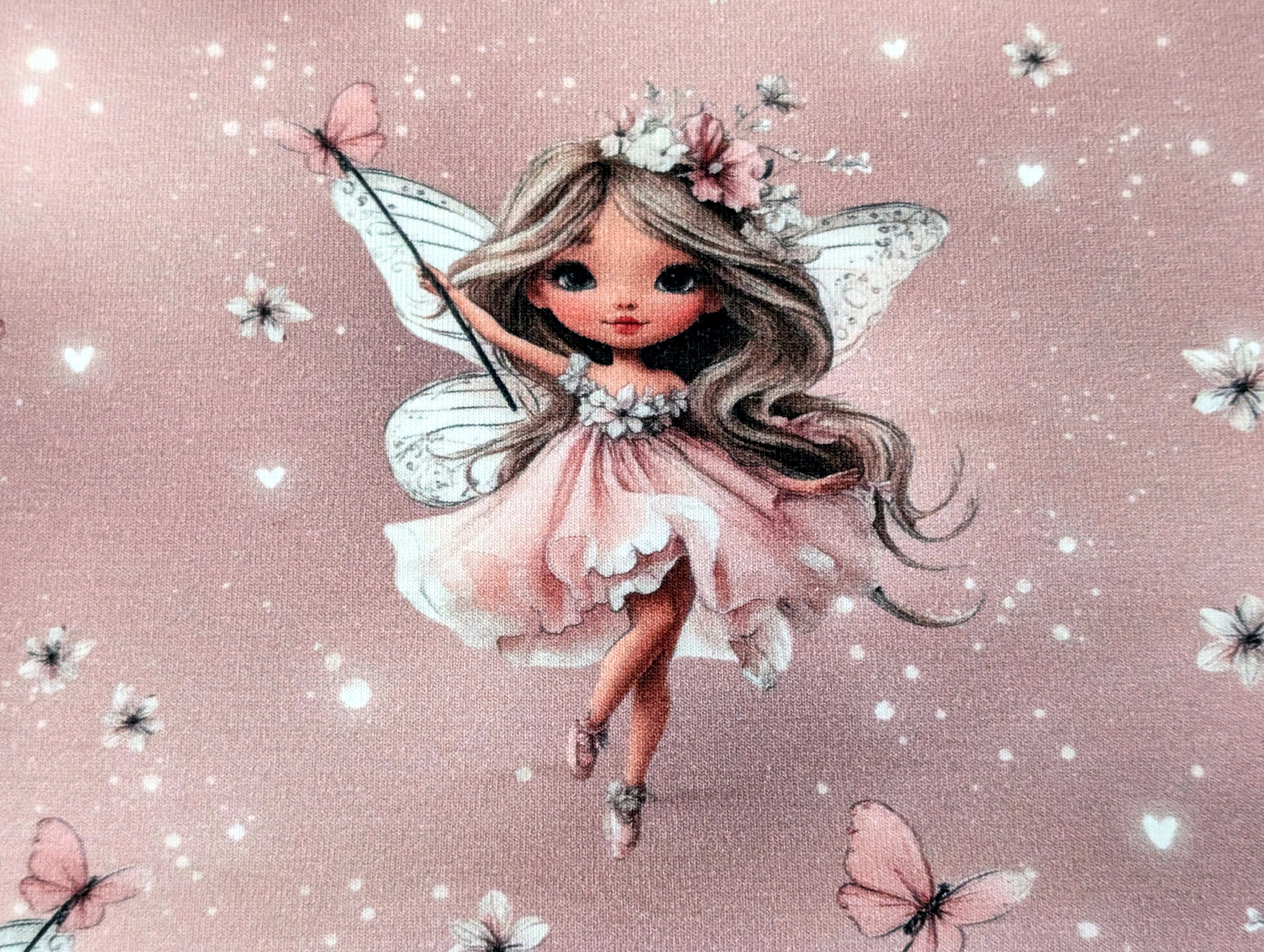 In-house production cotton jersey Butterfly Fairy on antique rose