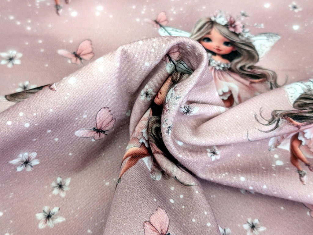 In-house production cotton jersey Butterfly Fairy on antique rose