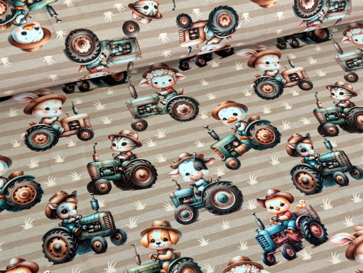 Eigenproduktion Baumwolljersey Tierfarm mit Trecker auf Beige