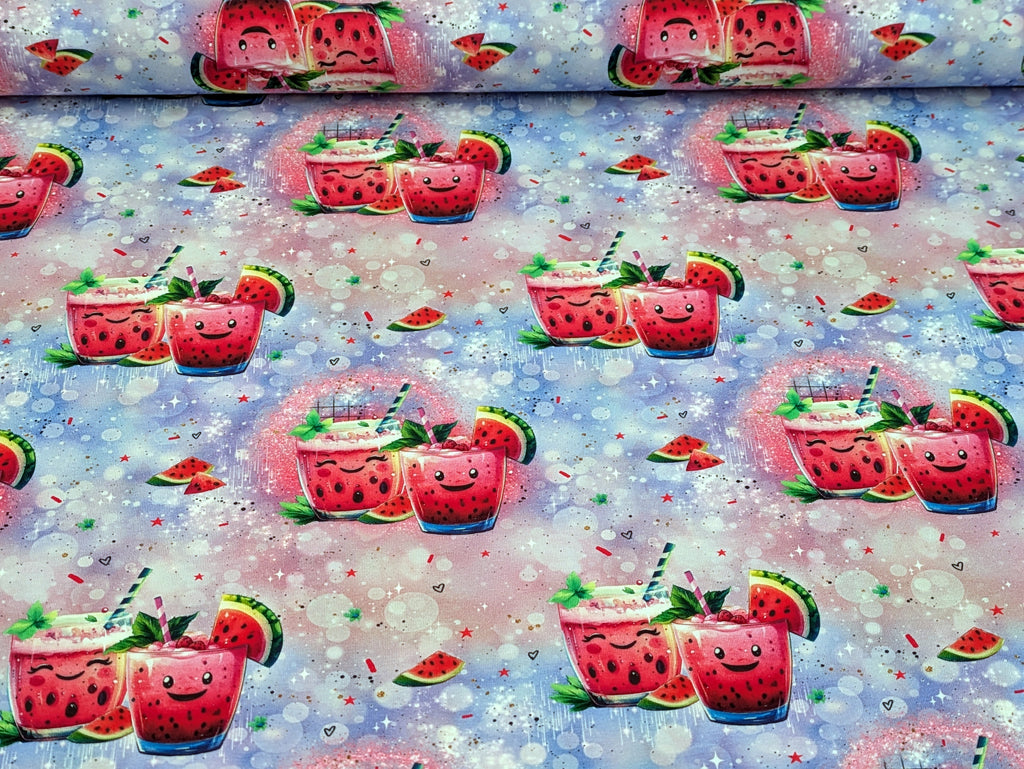 Eigenproduktion Baumwolljersey Süßer Melonen Cocktail auf Pink/Lila -N-