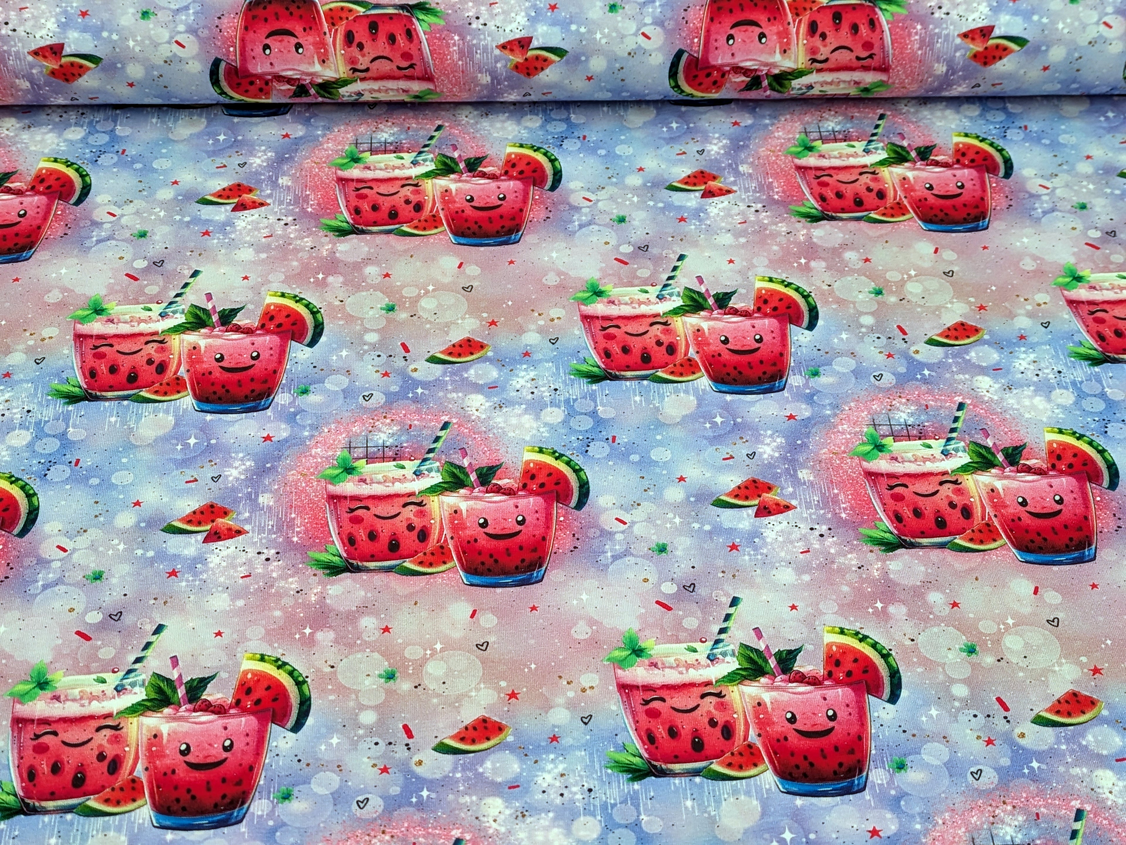 Eigenproduktion Baumwolljersey Süßer Melonen Cocktail auf Pink/Lila -N-