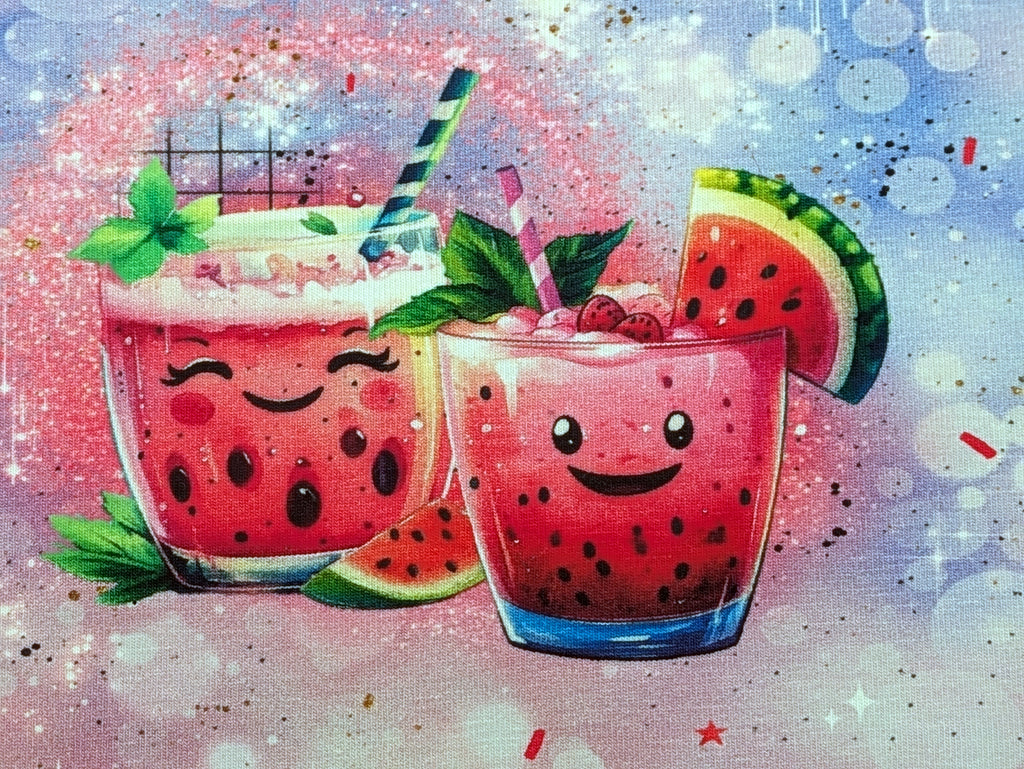 Eigenproduktion Baumwolljersey Süßer Melonen Cocktail auf Pink/Lila -N-
