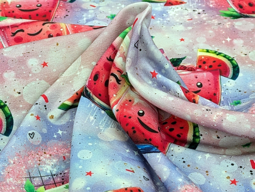 Eigenproduktion Baumwolljersey Süßer Melonen Cocktail auf Pink/Lila -N-
