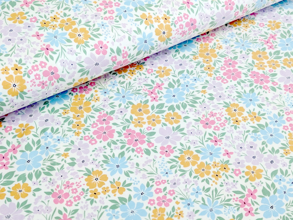 Cotton Jersey Pastel Floral Meadow Cream White