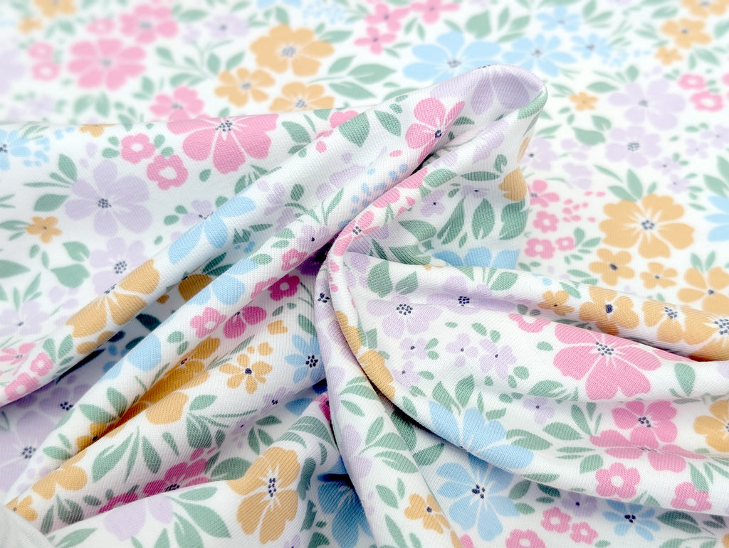 Cotton Jersey Pastel Floral Meadow Cream White