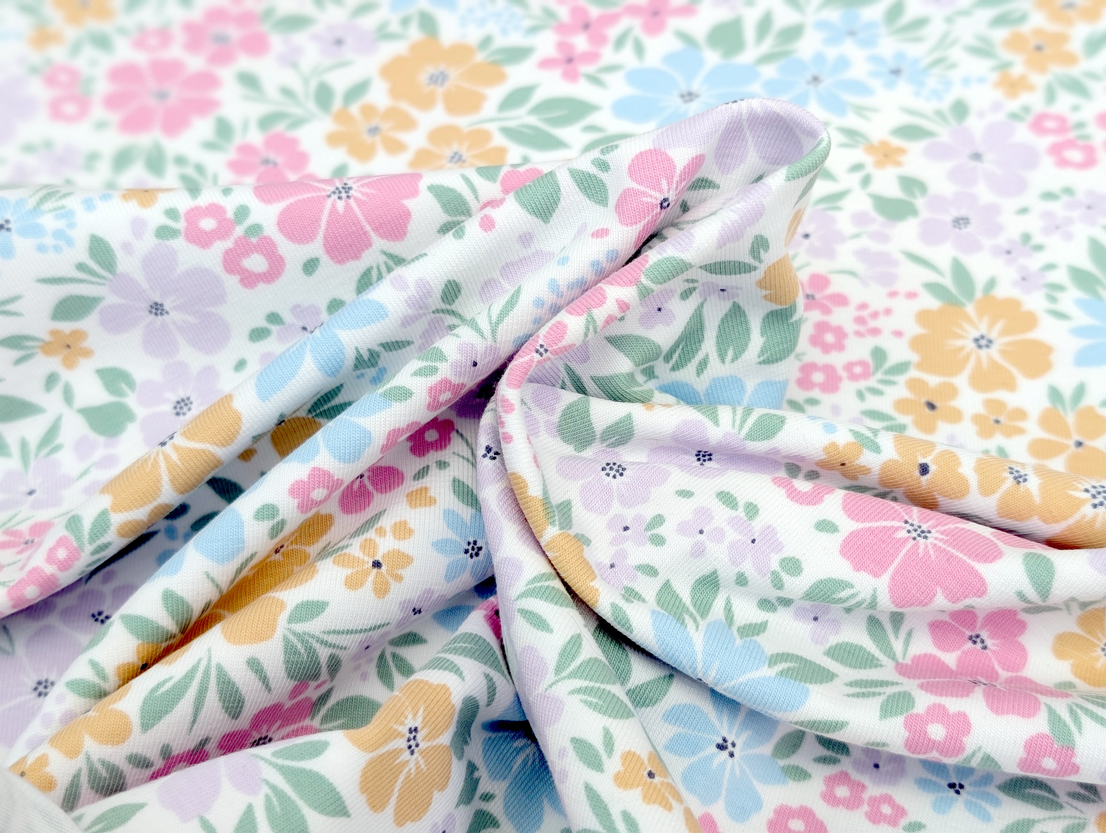 Cotton Jersey Pastel Floral Meadow Cream White