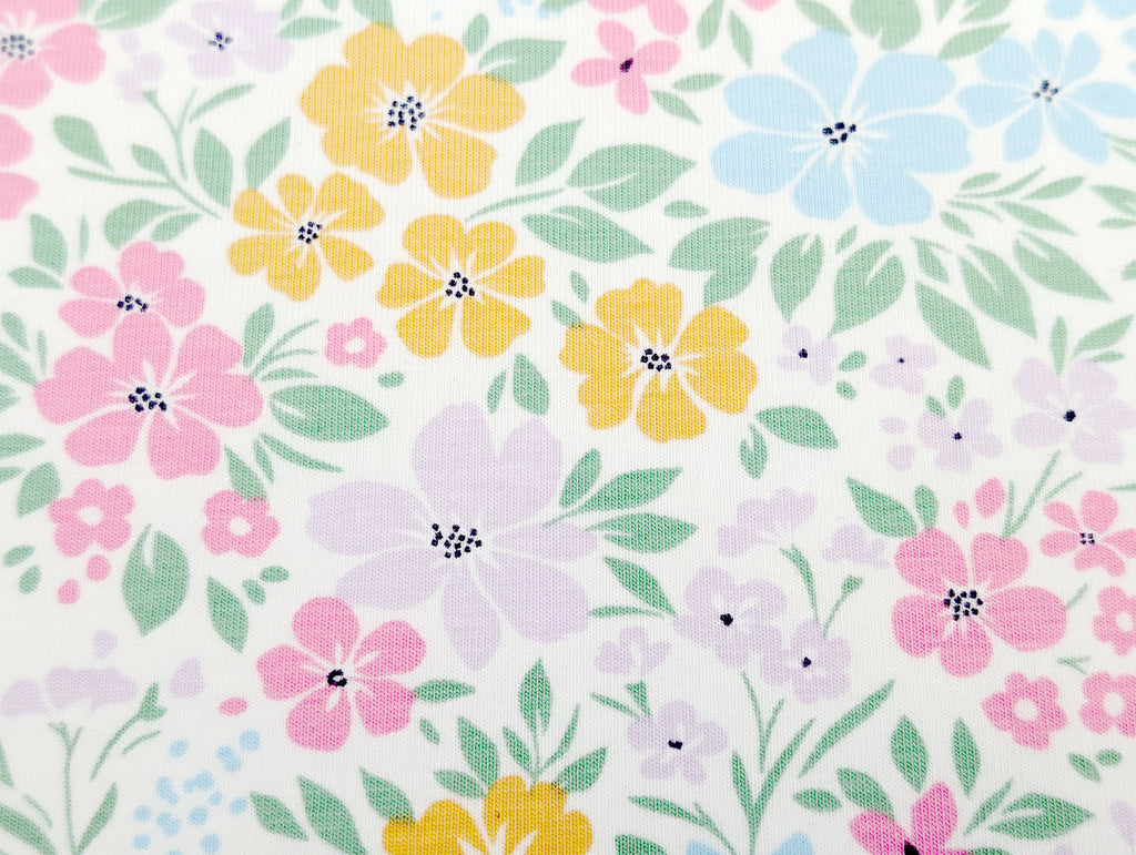 Cotton Jersey Pastel Floral Meadow Cream White