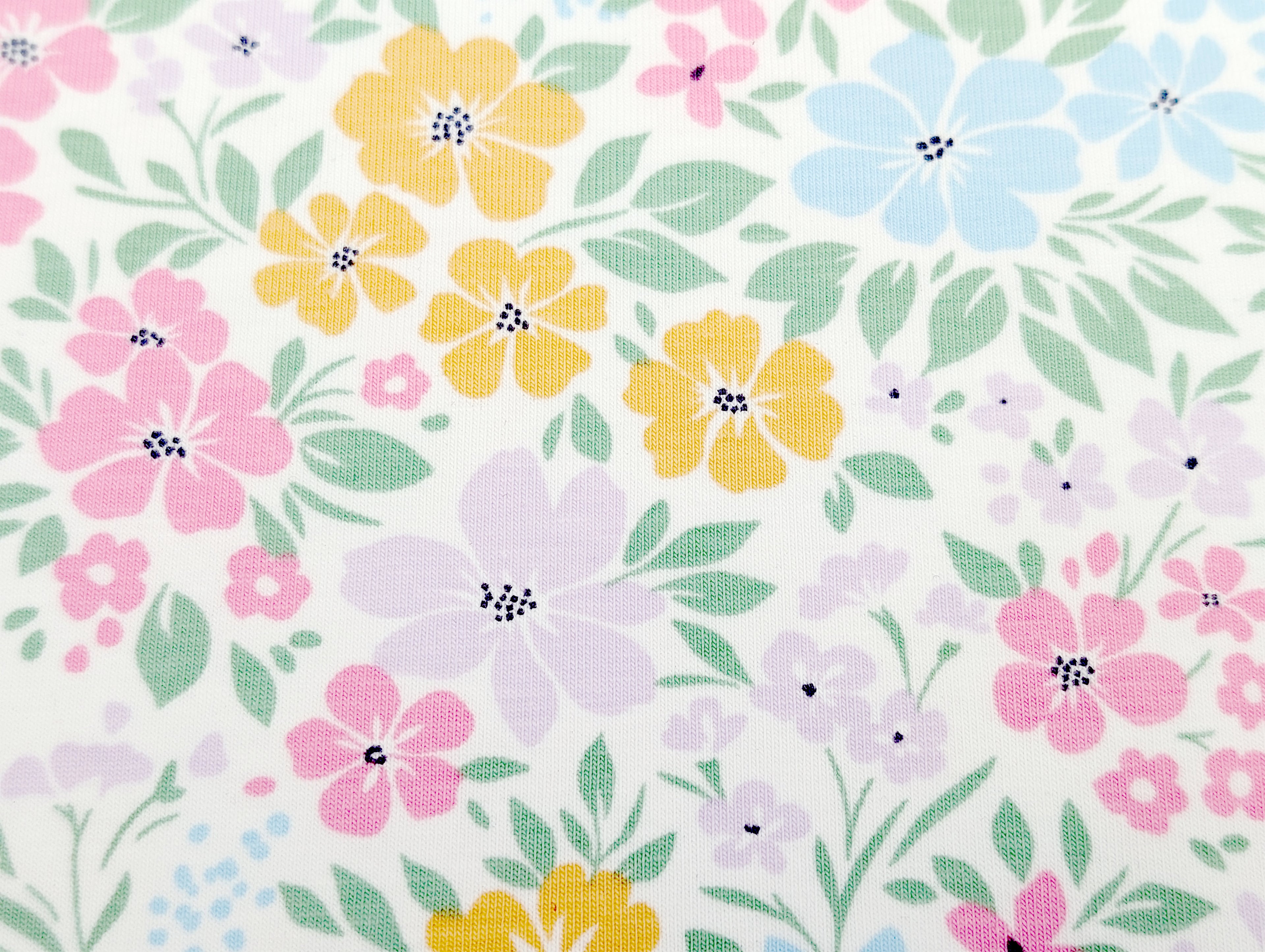 Cotton Jersey Pastel Floral Meadow Cream White