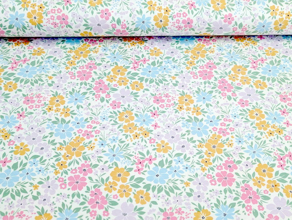Cotton Jersey Pastel Floral Meadow Cream White