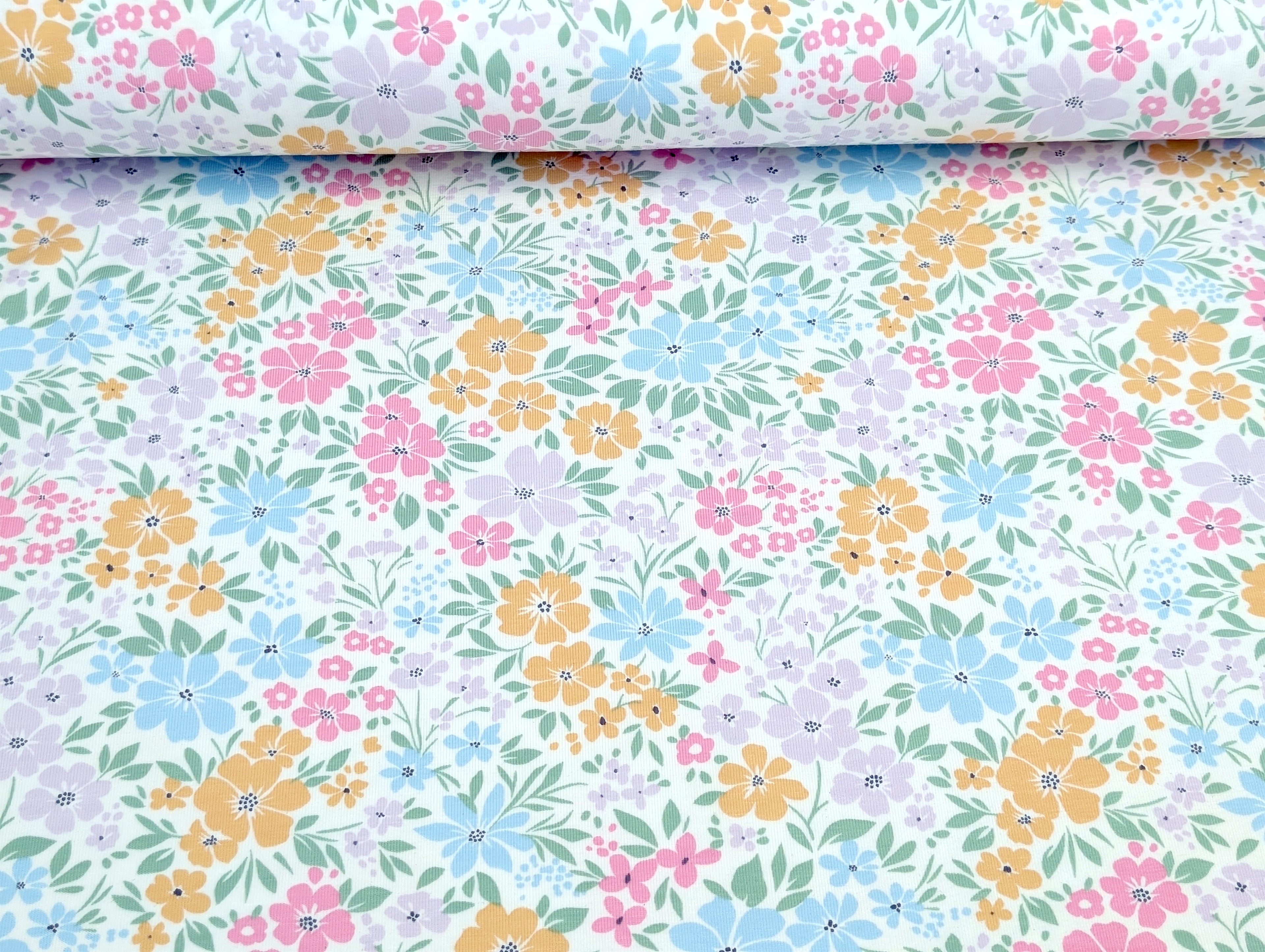 Cotton Jersey Pastel Floral Meadow Cream White