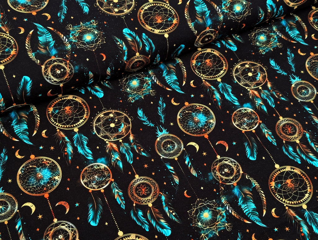 In-house production Cotton Jersey Dreamcatcher Turquoise on Black