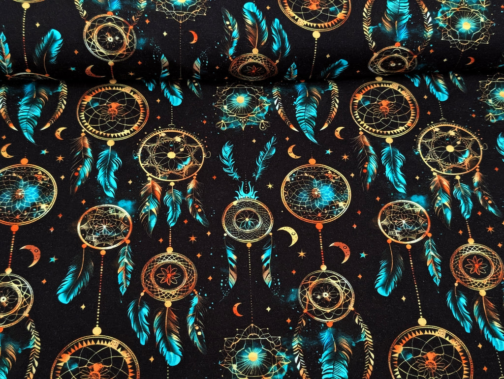 In-house production Cotton Jersey Dreamcatcher Turquoise on Black