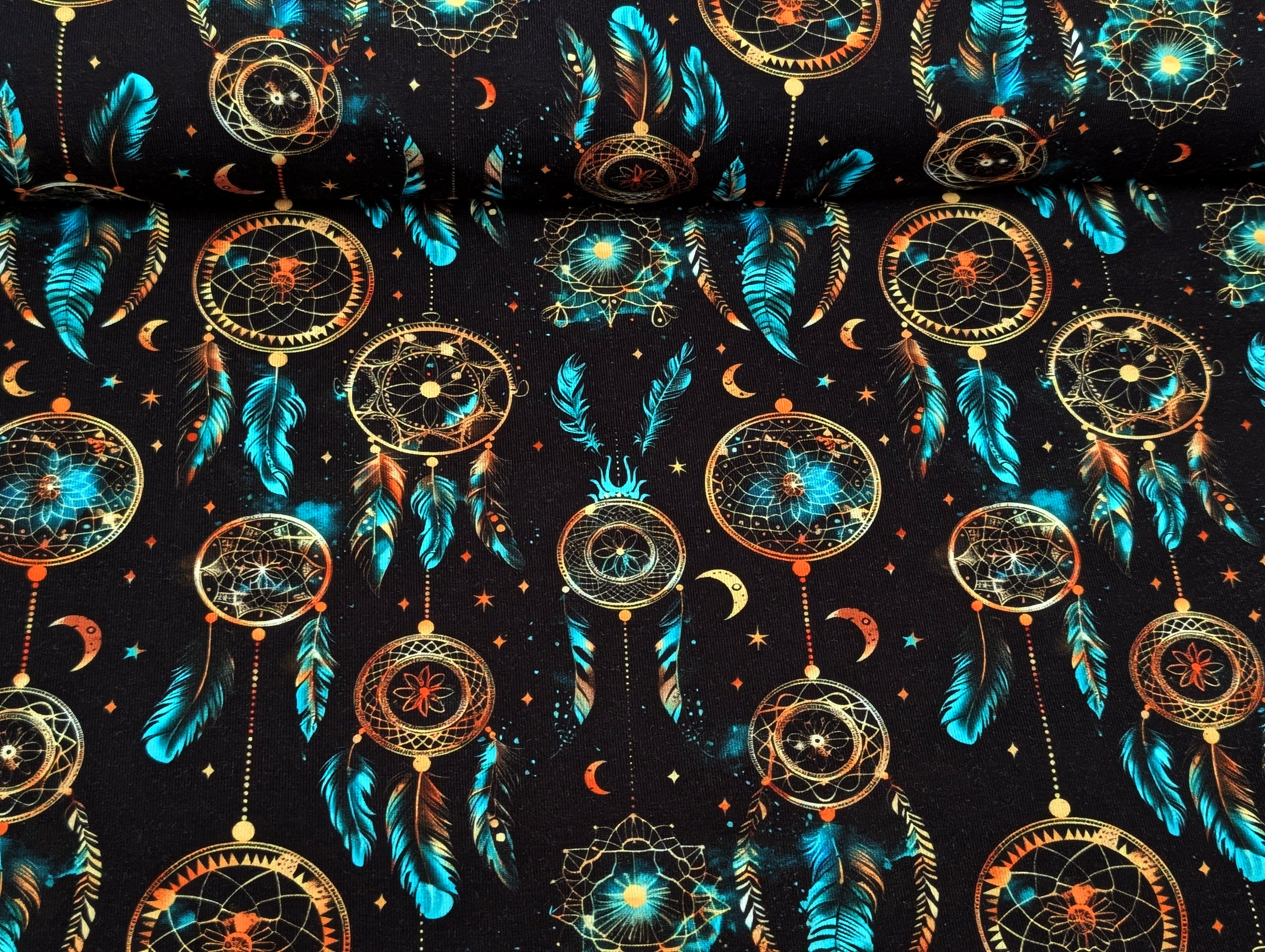 In-house production Cotton Jersey Dreamcatcher Turquoise on Black