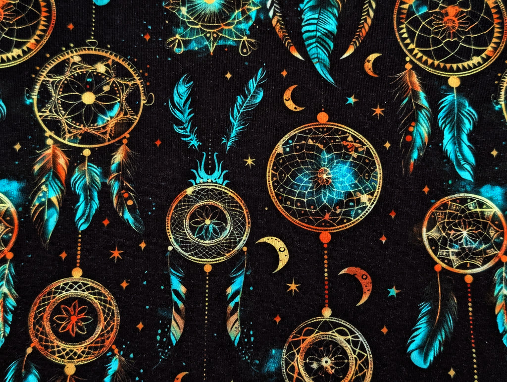 In-house production Cotton Jersey Dreamcatcher Turquoise on Black