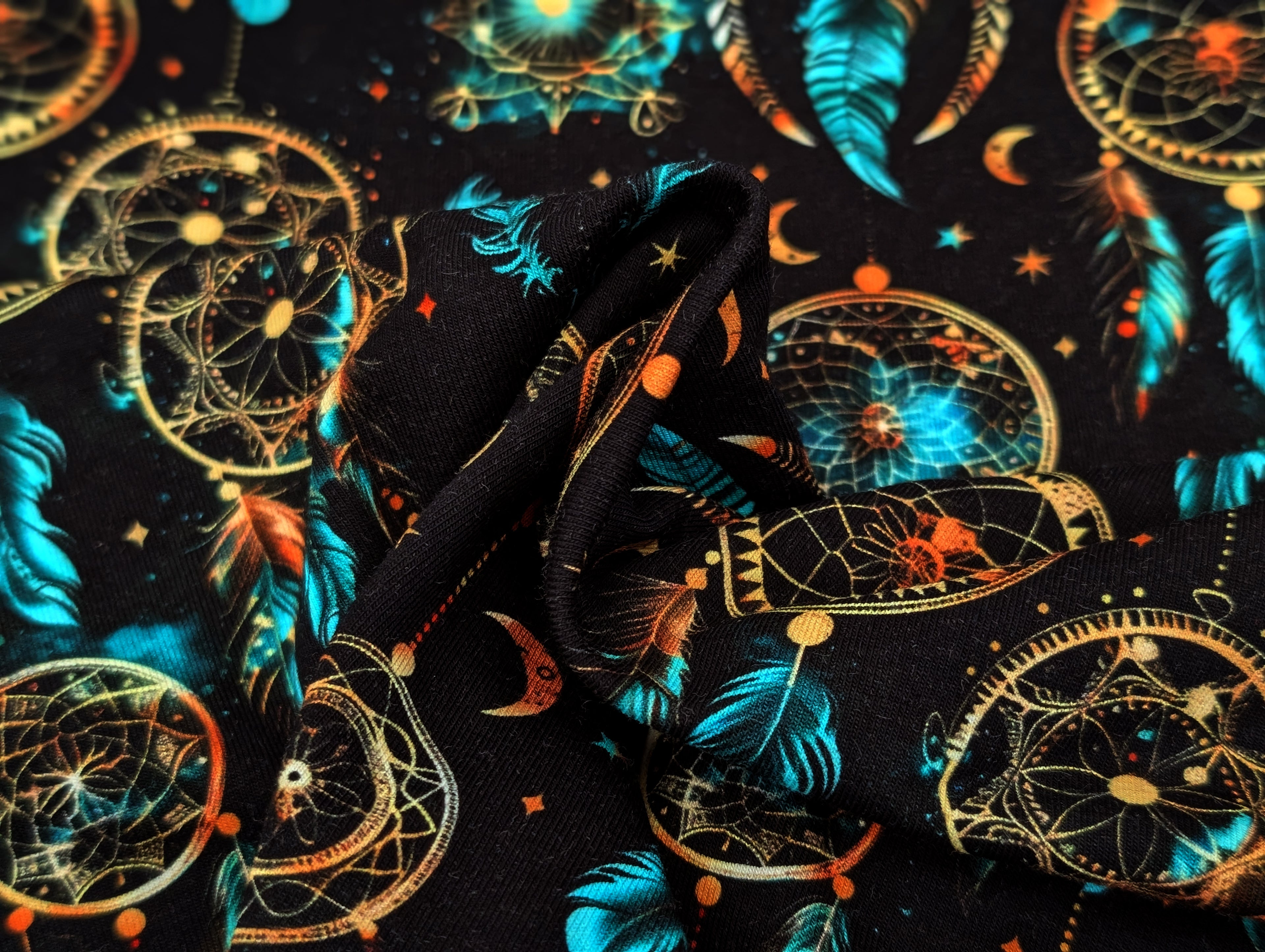 In-house production Cotton Jersey Dreamcatcher Turquoise on Black