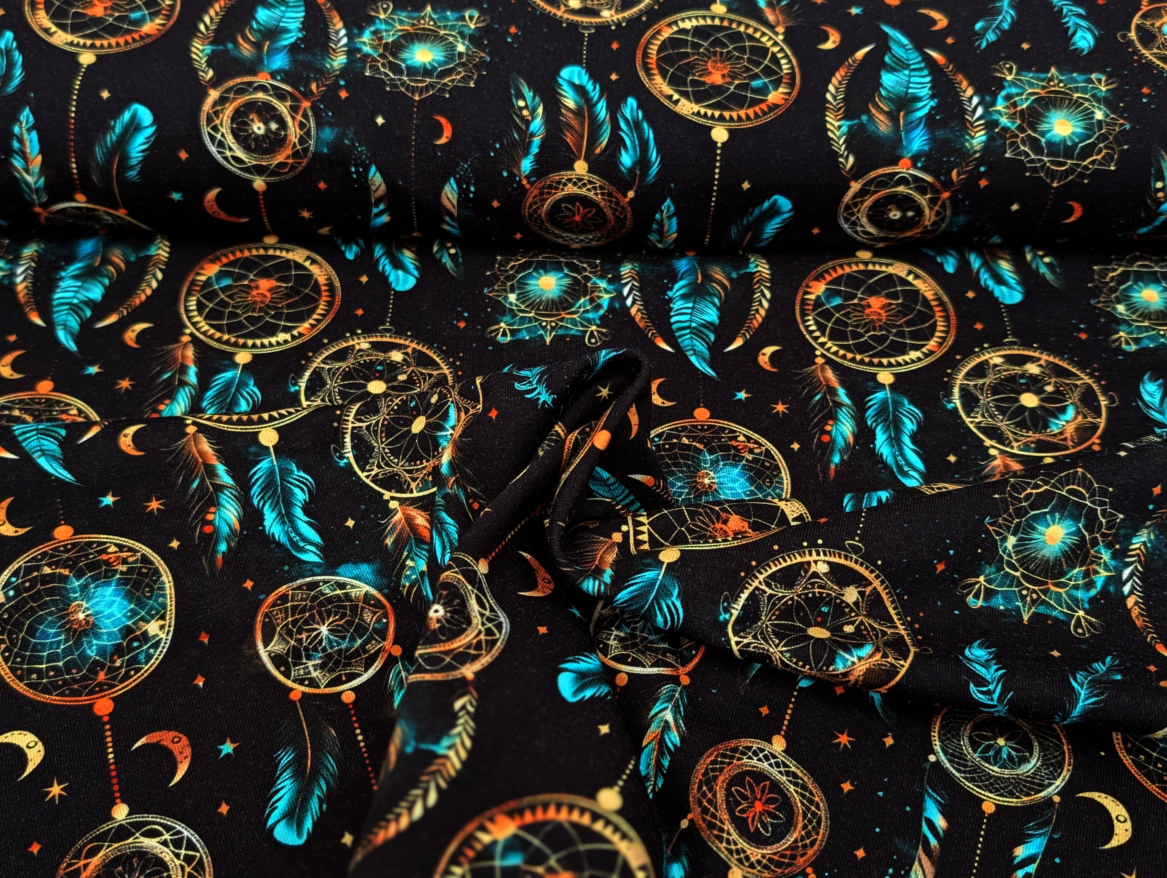 In-house production Cotton Jersey Dreamcatcher Turquoise on Black