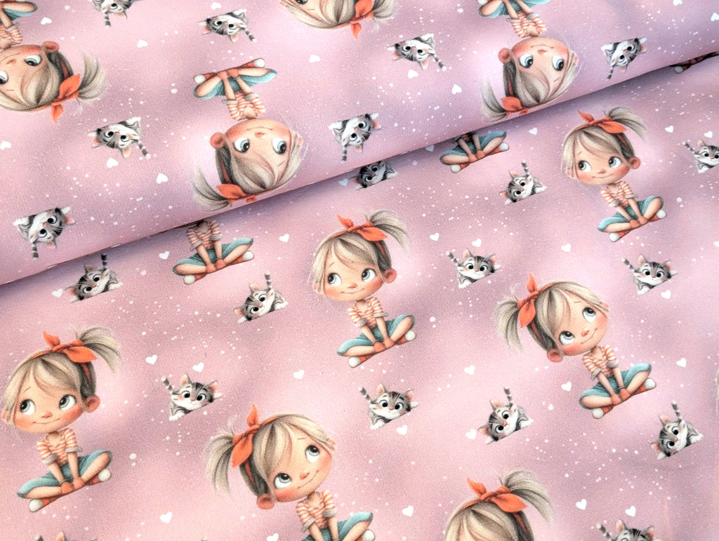 In-house production cotton jersey Happy Girl with Cat on Pink