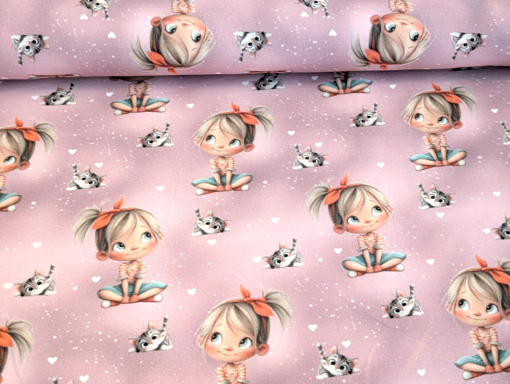 In-house production cotton jersey Happy Girl with Cat on Pink
