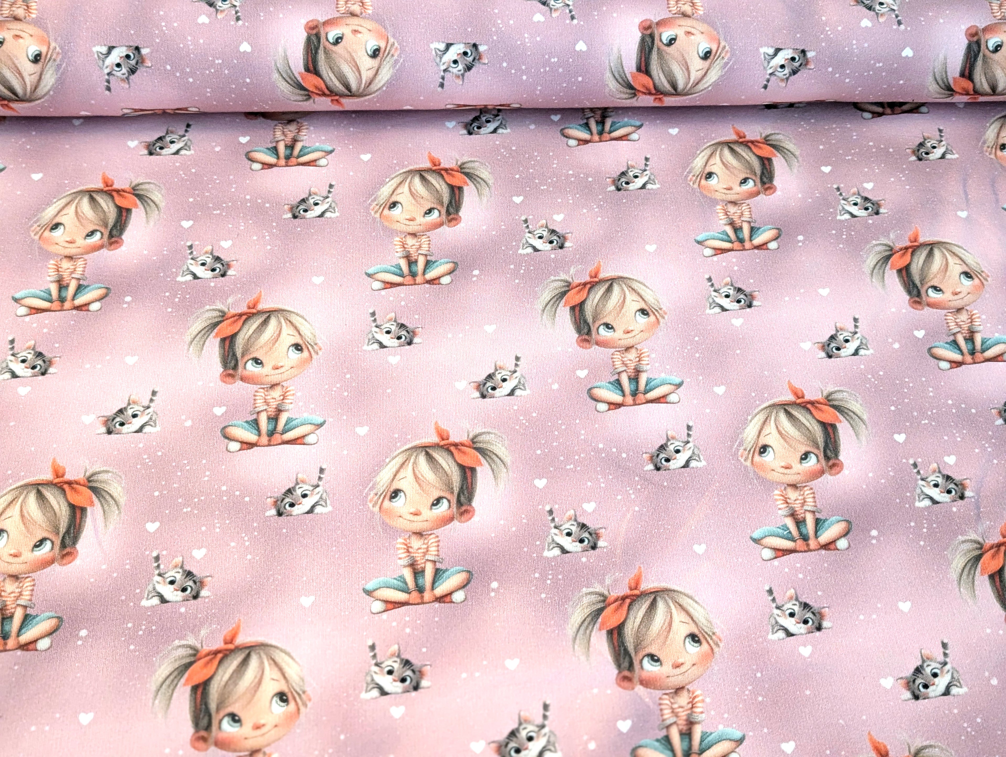 In-house production cotton jersey Happy Girl with Cat on Pink