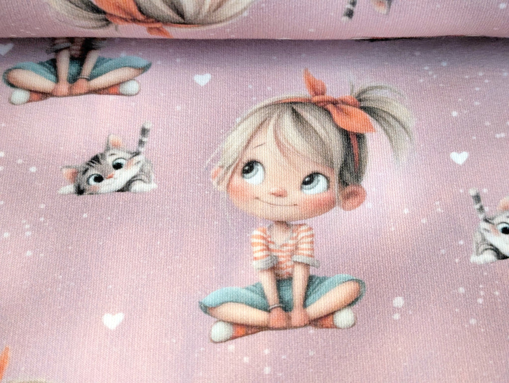 In-house production cotton jersey Happy Girl with Cat on Pink