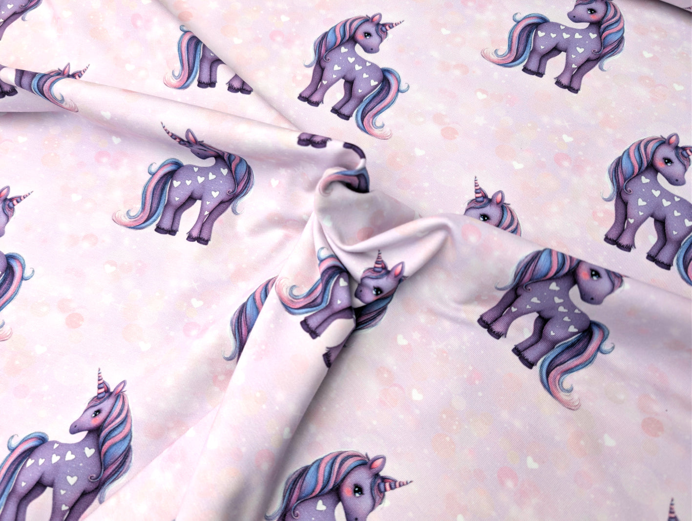 Eigenproduktion Baumwolljersey Unicorn Pony Herze Flieder Lila