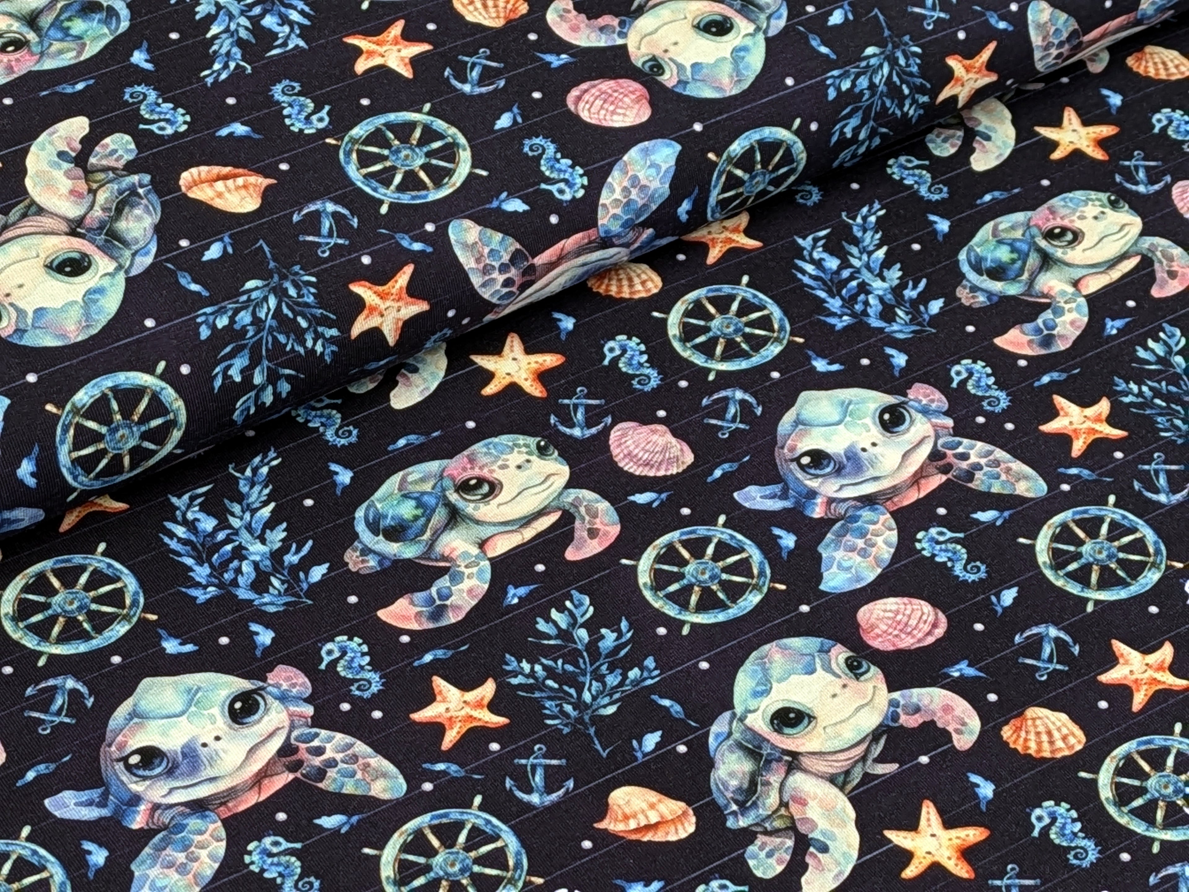 Eigenproduktion Baumwolljersey Maritim Meerestier Schildkröte auf Blau