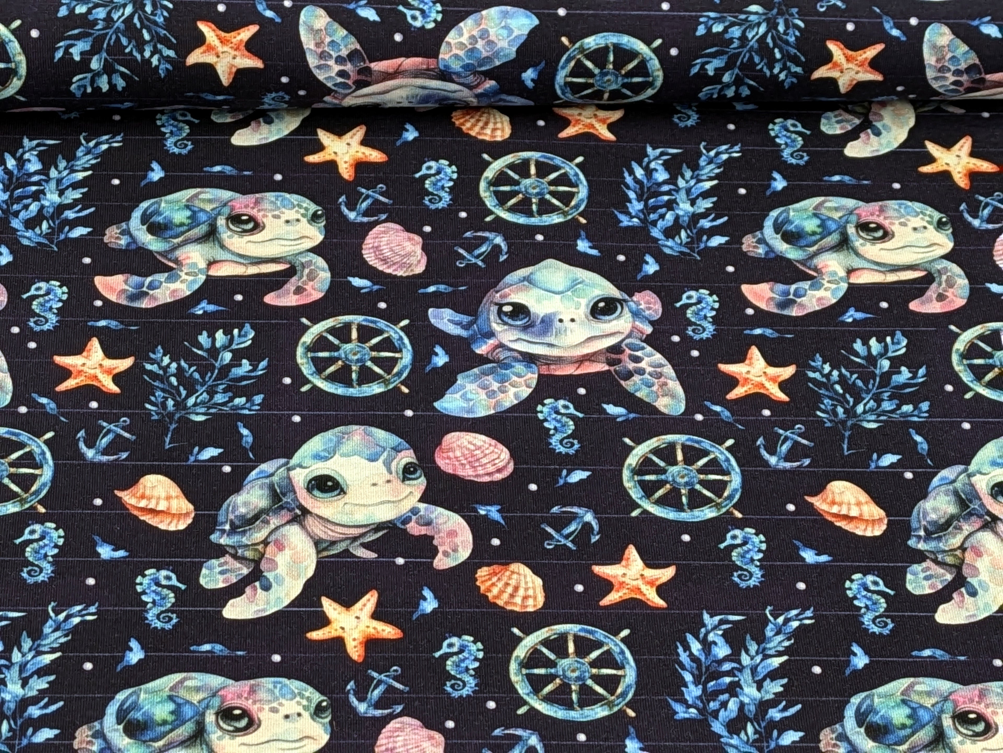 Eigenproduktion Baumwolljersey Maritim Meerestier Schildkröte auf Blau