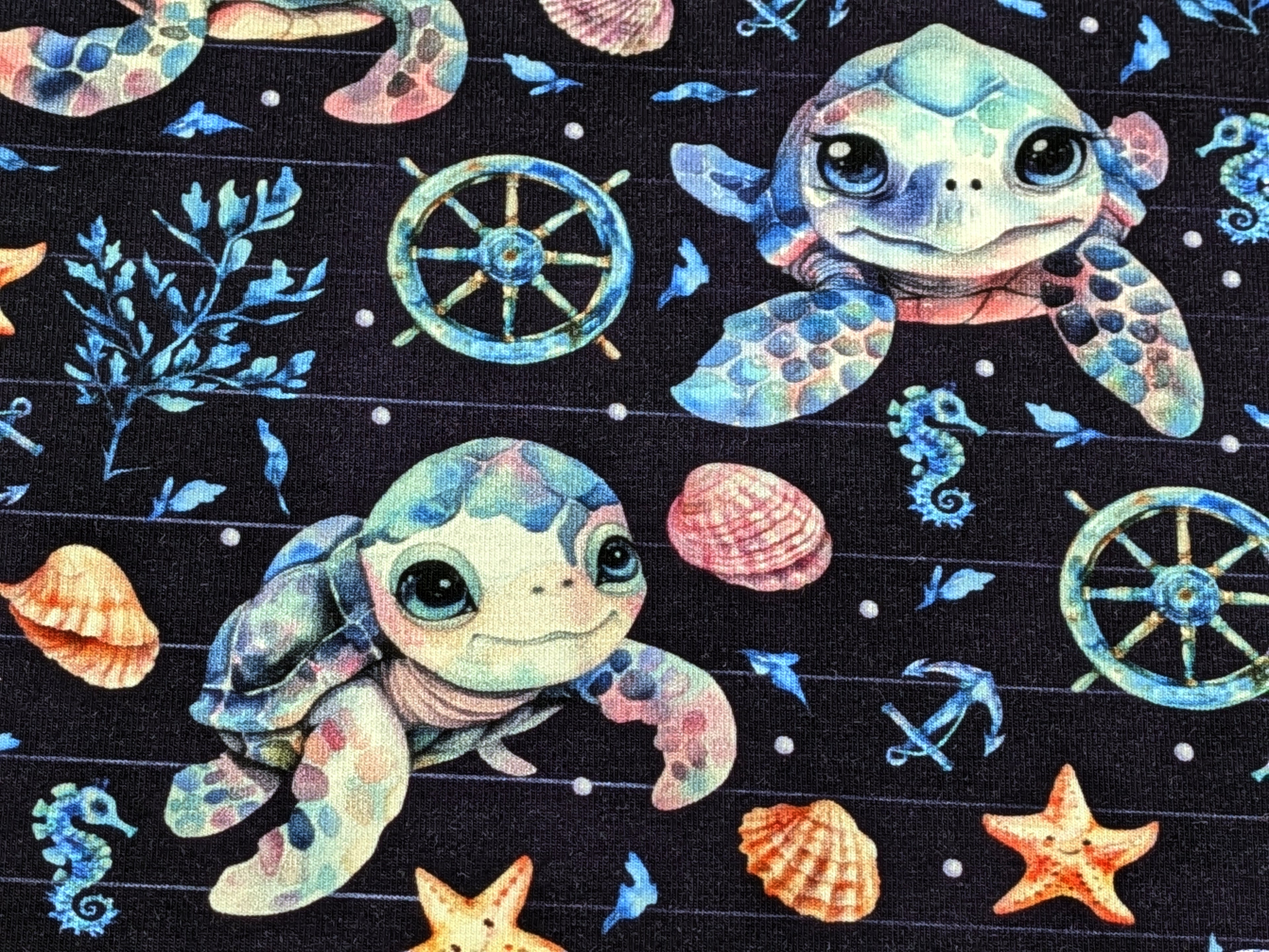 Eigenproduktion Baumwolljersey Maritim Meerestier Schildkröte auf Blau