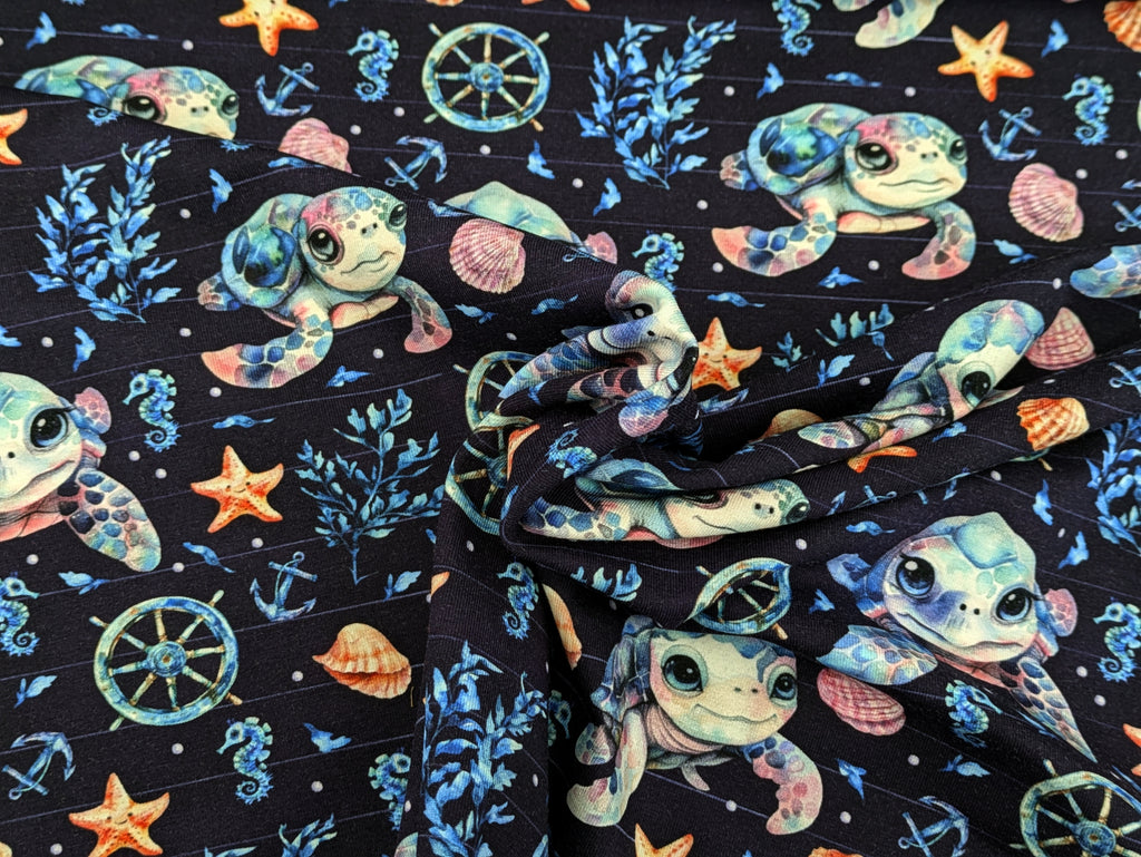 Eigenproduktion Baumwolljersey Maritim Meerestier Schildkröte auf Blau