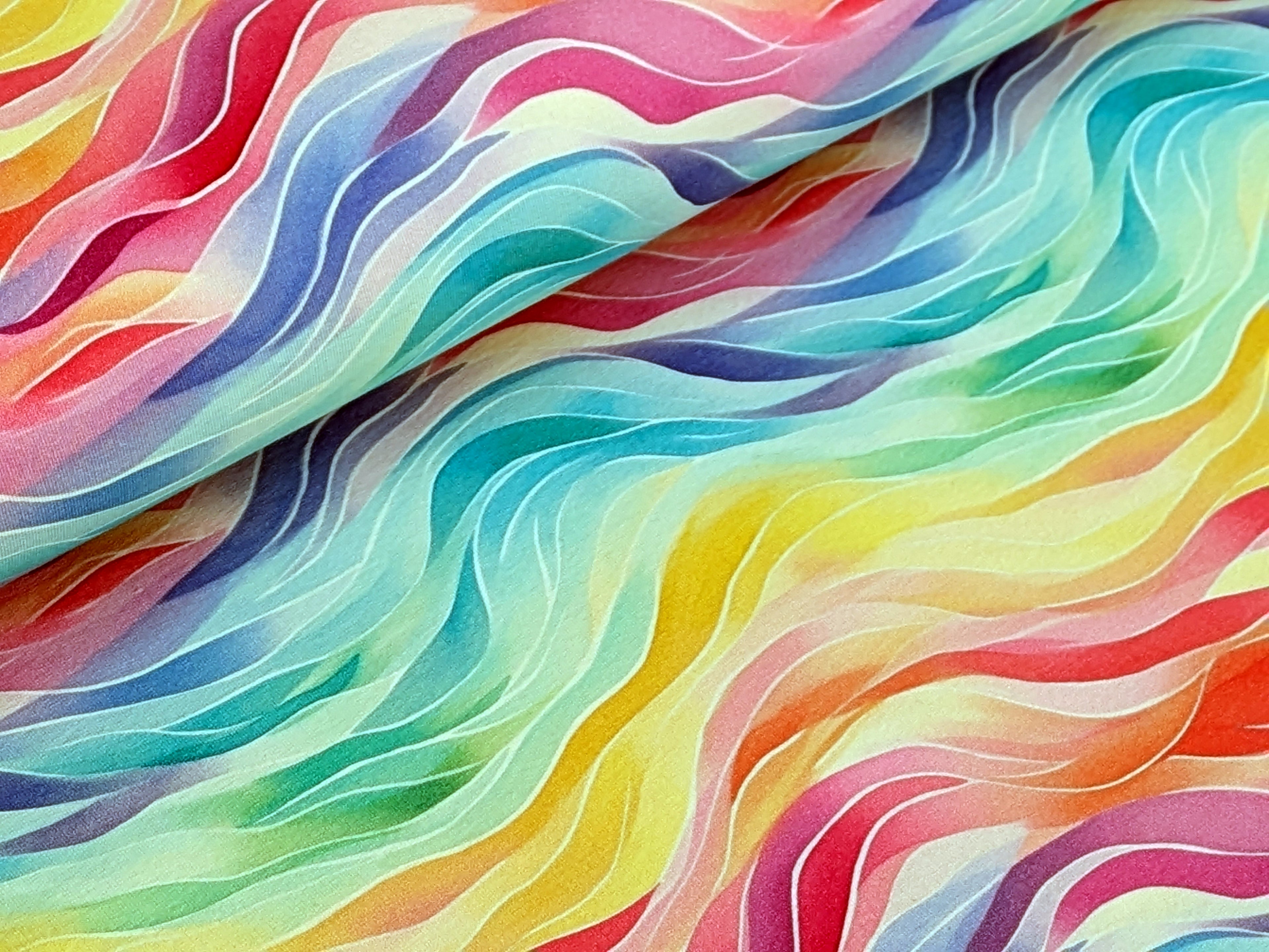 Eigenproduktion French Terry Regenbogen Wellen auf Pastell