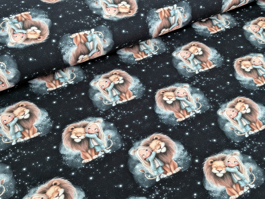 In-house production French Terry Girls and their Lion on Night Blue