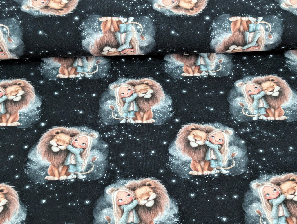 In-house production French Terry Girls and their Lion on Night Blue